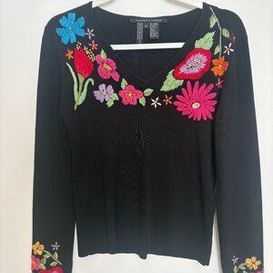 Michelle Nicole embroidered floral black knit size M sweater